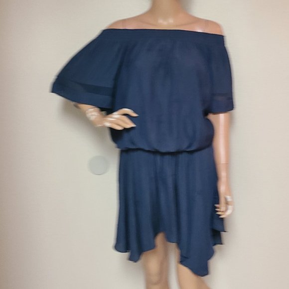 RAMY BROOK JESSICA SMOCKED OFF SHOULDER elastic waist navy blue mini dress sz L - Picture 3 of 10